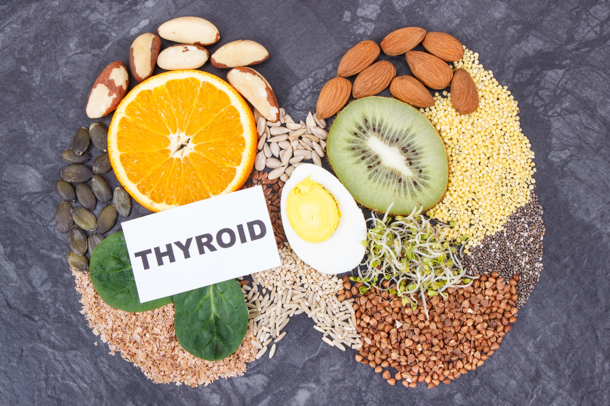 Nutritious ingredients in shape of thyroid. Healthy food containing vitamins.